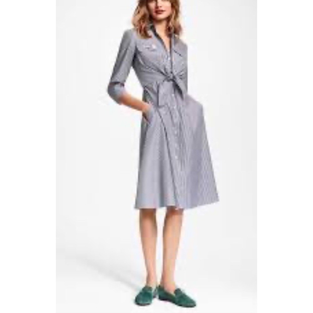 Brooks Brothers Blue Pinstripe Shirt Dress Wrap Size 8 Attached Blouse Pockets